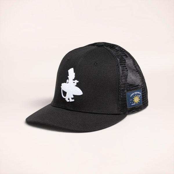 Lost Boy Creations black trucker hat with white embroidered logo and Conch Republic side patch