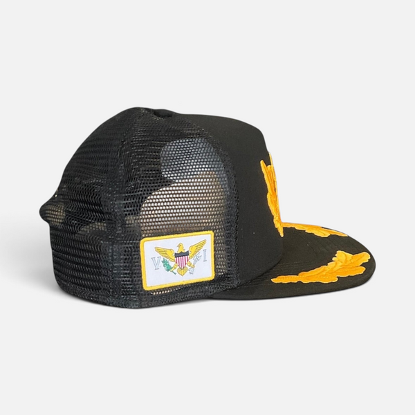 A Pirate's Life for Me Hat in Black — side profile, gold laurel wreath embroidery on brim, black mesh back, USVI flag patch | Lost Boy Creations Key West