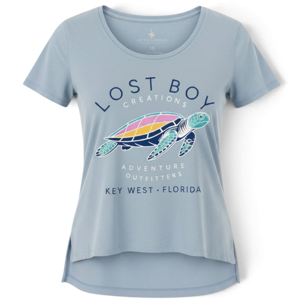 Women's Half Crop Turtle Tee in Light Blue — detail view, colorful sea turtle graphic with Key West Florida text | Lost Boy Creations Key West