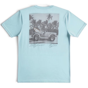 Men's Bronco Tee 2.0 light blue back flat lay with vintage Bronco and surfboard graphic among palm trees and LBC signature | Lost Boy Creations Key West