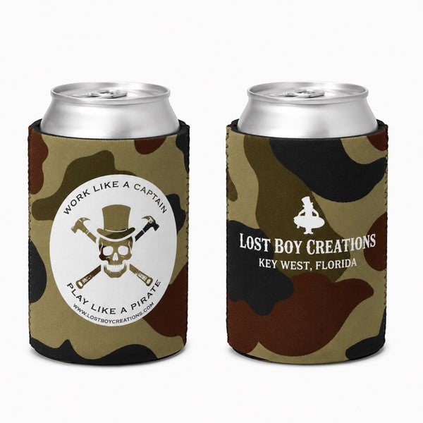 Lost Boy Creations camo neoprene koozie with pirate skull graphic and Key West branding for 12 oz cans
