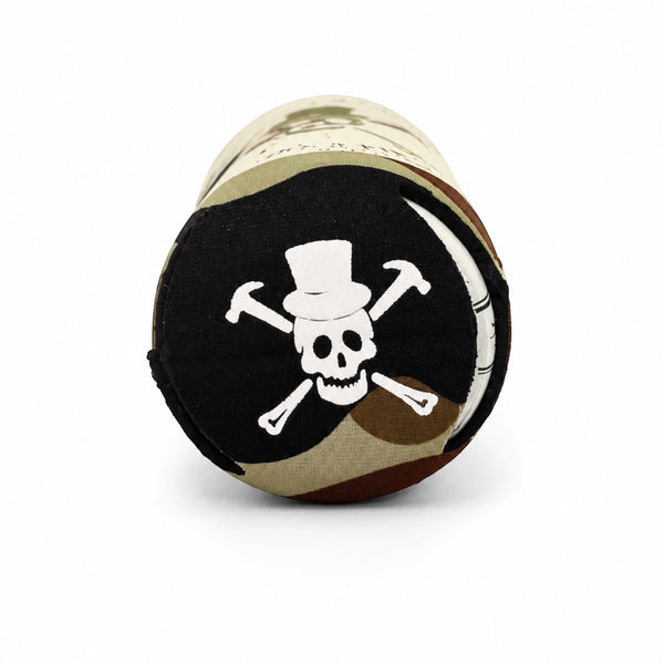 Lost Boy Creations neoprene koozie in camo with a white skull and cross-tools graphic on the black base