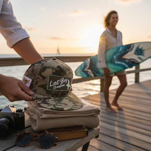 Big Wave Hunter Hat in Camouflage — lifestyle, hat worn on dock at sunset | Lost Boy Creations Key West