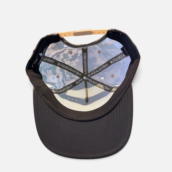 Big Wave Hunter Hat in Camouflage — interior detail, branded taping and structured fit | Lost Boy Creations Key West