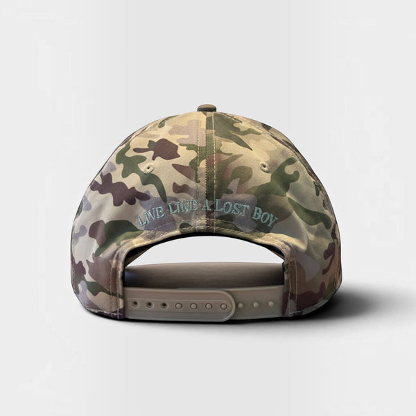 Big Wave Hunter Hat in Camouflage — back view, adjustable snapback with embroidered back text | Lost Boy Creations Key West