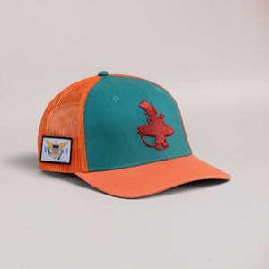 Lost Boy Creations Coral Reefer snapback hat with teal front, orange mesh back, and embroidered logo on side panel.