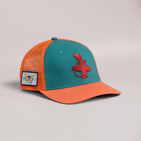 Lost Boy Creations Coral Reefer snapback hat with teal front, orange mesh back, and embroidered logo on side panel.
