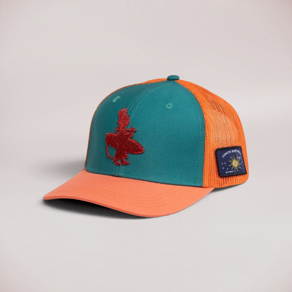 Lost Boy Creations Coral Reefer snapback hat with teal front, orange brim, mesh back, and embroidered logo patch.