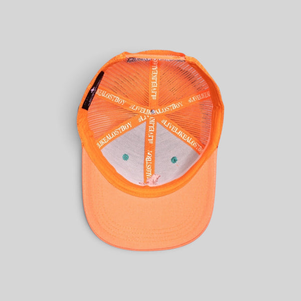 Interior view of a Lost Boy Creations Coral Reefer snapback hat featuring orange mesh and branded inner tape.