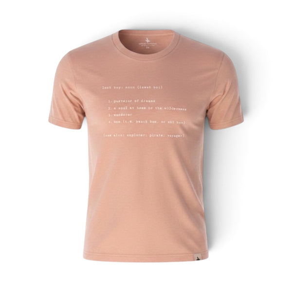 Lost Boy Creations desert pink cotton t-shirt with white definition graphic print on the front and hem tag detail.
