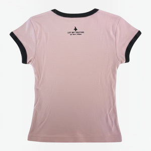 Lost Boy Creations desert pink ringer tee with black contrast trim and back logo detail in 100% cotton