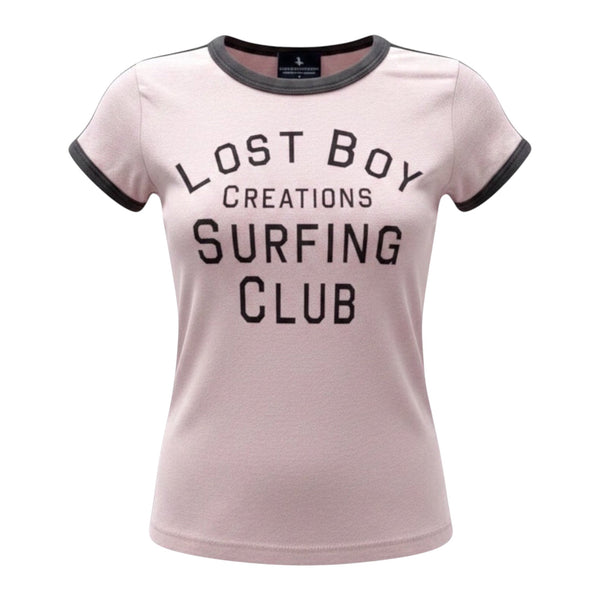 Lost Boy Creations desert pink ringer tee with black contrast neck and sleeve bands and retro surfing club graphic.