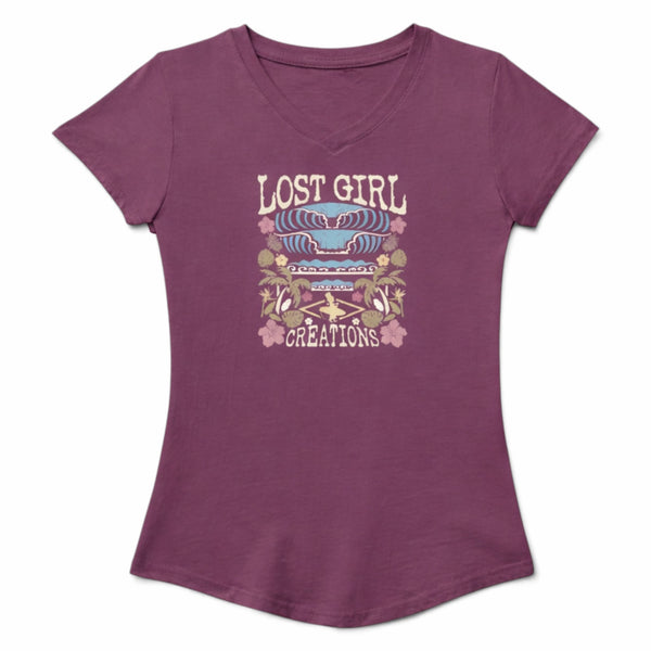 Kid's Tahiti Tee dragonfruit V-neck front view with screen-printed Lost Girl surf graphic | Lost Boy Creations Key West