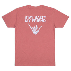 Stay Salty Shaka 2.0 Tee in Dusty Blush — back flat lay, white "Stay Salty" slogan with skeleton shaka hand graphic | Lost Boy Creations Key West