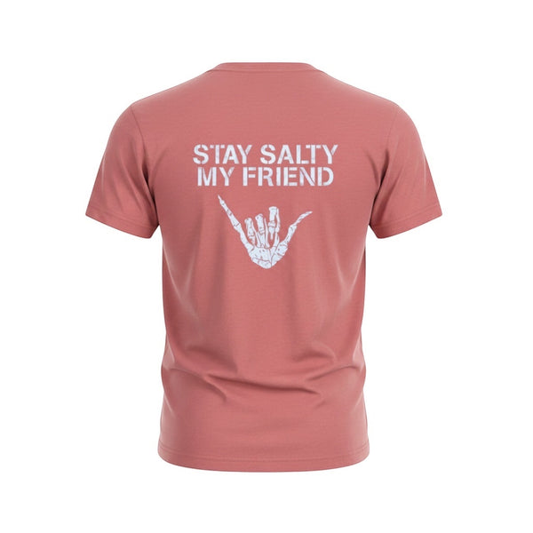 Stay Salty Shaka 2.0 Tee in Dusty Blush — back view, white 'Stay Salty My Friend' slogan with skeleton shaka hand graphic | Lost Boy Creations Key West