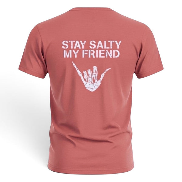 Stay Salty Shaka 2.0 Tee in Dusty Blush — back detail, white Stay Salty graphic with skeleton shaka hand | Lost Boy Creations Key West