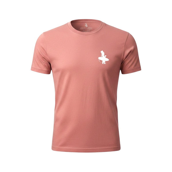 Stay Salty Shaka 2.0 Tee in Dusty Blush — front view, white Lost Boy surfer silhouette chest graphic with LBC neckline logo | Lost Boy Creations Key West