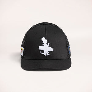 Lost Boy Creations Flex'd all-black stretch-fit hat with white embroidered logo and side flag patches