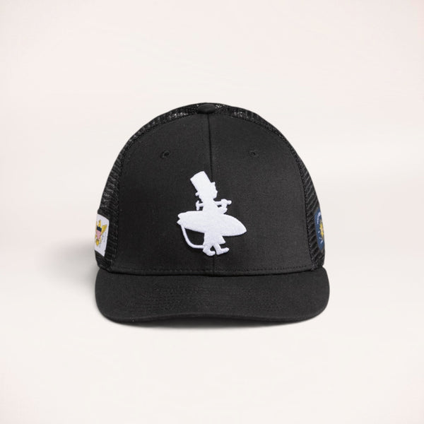 Lost Boy Creations Flex'd all-black stretch-fit hat with white embroidered logo and side flag patches