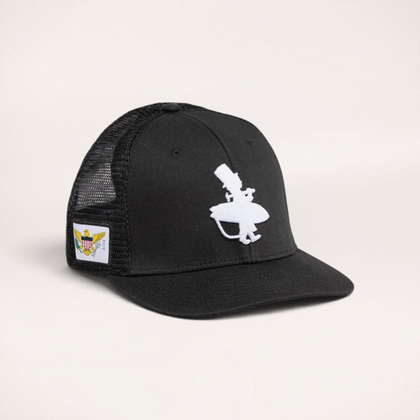 Lost Boy Creations Flex'd all-black stretch-fit hat with white logo embroidery and side flag patches