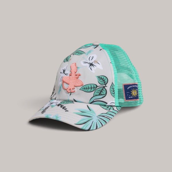 Lost Boy Creations Coral Cruiser floral print snapback hat with seafoam mesh back and coral embroidered logo