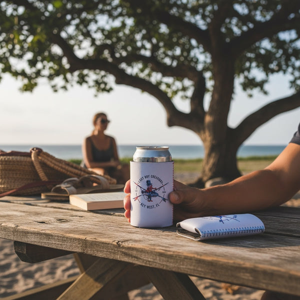 Lost Boy Koozie Floral standard can lifestyle shot held at beach picnic table at sunset with woman and ocean in background | Lost Boy Creations Key West