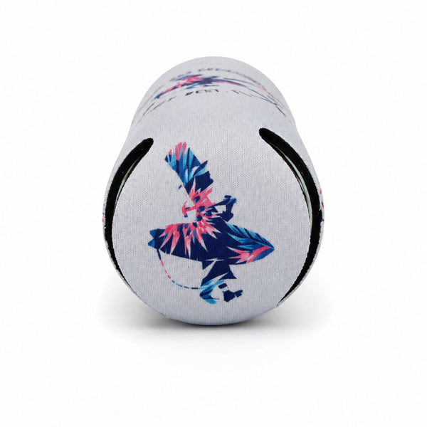 Lost Boy Koozie Floral light blue neoprene bottom view showing floral Lost Boy surfer silhouette graphic with pink and navy tropical print | Lost Boy Creations Key West