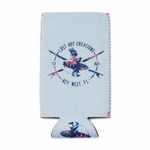 Lost Boy Koozie Floral slim can light blue neoprene front view with floral Lost Boy Creations compass graphic Est. 2014 Key West FL | Lost Boy Creations Key West
