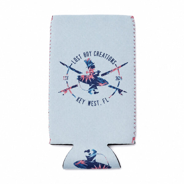 Lost Boy Koozie Floral slim can light blue neoprene front view with floral Lost Boy Creations compass graphic Est. 2014 Key West FL | Lost Boy Creations Key West