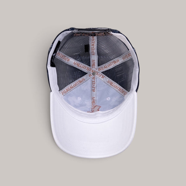 Lost Boy Creations Lei'd Back snapback hat interior view showing mesh panels and branded interior seam tape