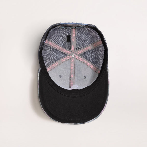 Interior view of Lost Boy Creations Fuzzy Wuzzy hat showing grey mesh lining and branded inner seam tape
