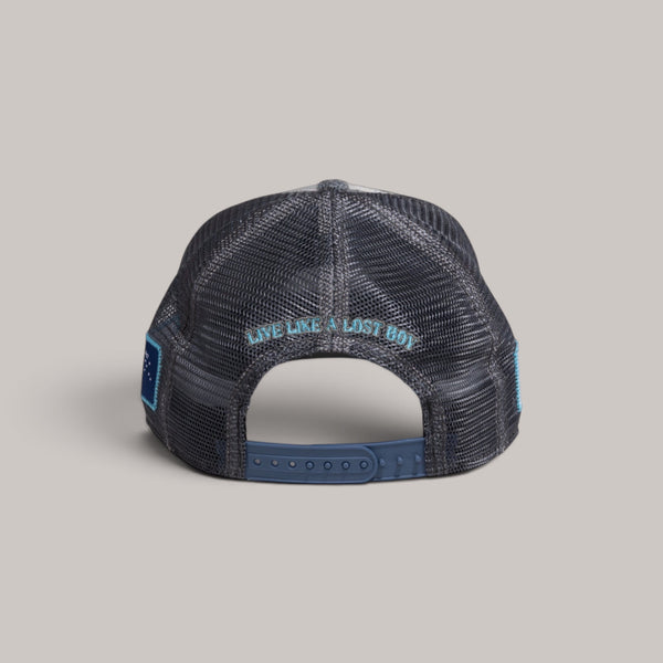 Back view of Lost Boy Creations Fuzzy Wuzzy trucker hat with mesh back, snapback closure, and embroidered text