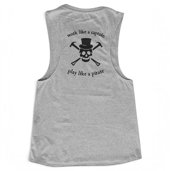 Lost Boy Creations gray muscle tank top with a black skull and crossbones pirate graphic on the back