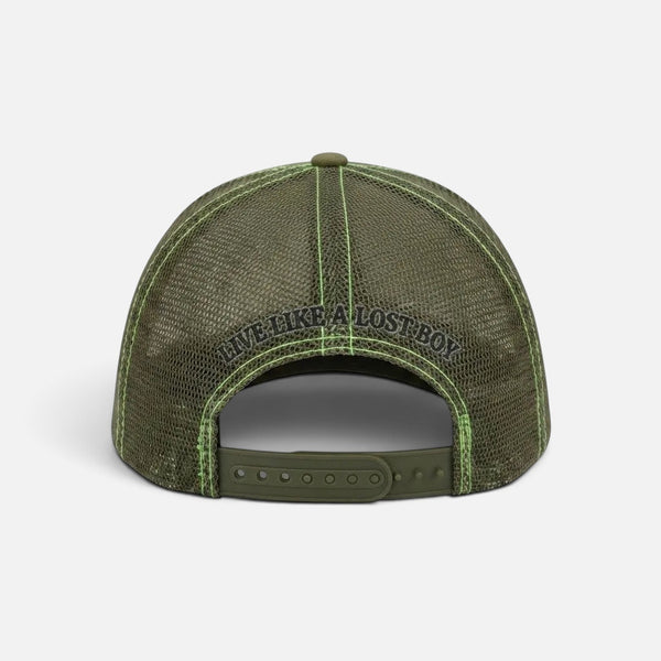 Dr. Green Thumb 2.0 Hat in Dark Green — back view, "Live Like A Lost Boy" embroidery on green mesh | Lost Boy Creations Key West