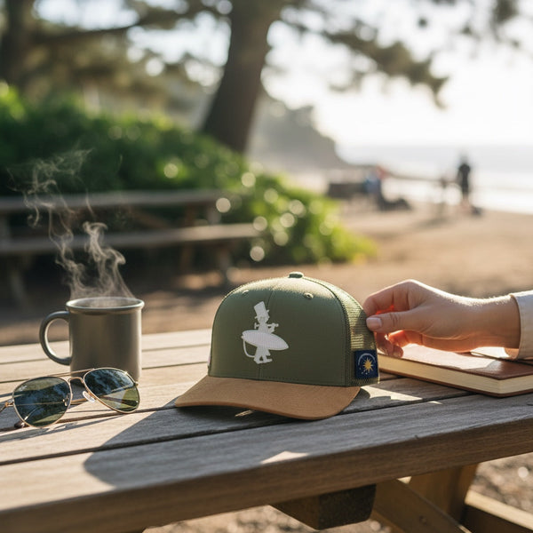 Dr. Green Thumb 2.0 Trucker Hat worn lifestyle shot, dark green low crown with tan suede brim and white embroidered Lost Boy logo | Lost Boy Creations Key West