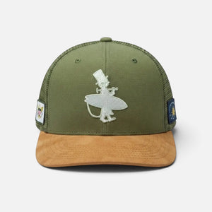 Dr. Green Thumb 2.0 Hat in Dark Green — three-quarter view, white LBC embroidered logo with tan suede brim | Lost Boy Creations Key West