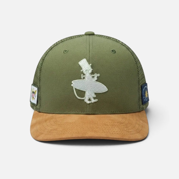 Dr. Green Thumb 2.0 Hat in Dark Green — three-quarter view, white LBC embroidered logo with tan suede brim | Lost Boy Creations Key West