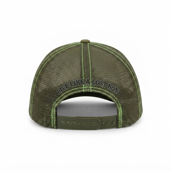 Dr. Green Thumb 2.0 Trucker Hat — back view, "Live Like a Lost Boy" embroidered arc on dark green mesh with adjustable snapback closure | Lost Boy Creations Key West