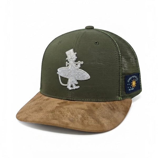 Lost Boy Creations Dr. Green Thumb 2.0 dark green trucker hat with a tan suede brim and embroidered logo.
