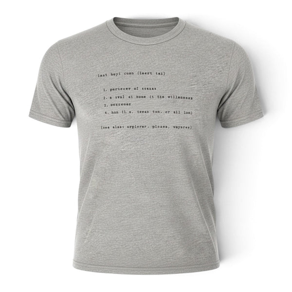 Lost Boy Creations grey kid's t-shirt featuring a typewriter-style definition graphic on the chest.