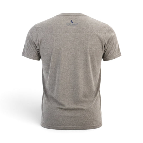 Back view of a grey heathered Lost Boy Creations Kid's Definition Tee with a small logo on the upper back