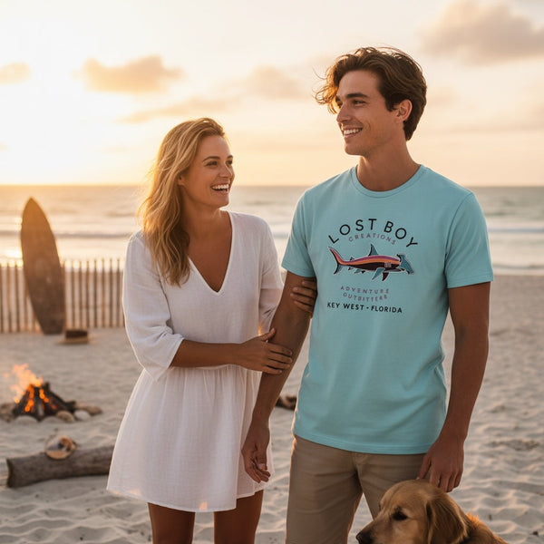 Man and woman wearing Men's Hammerhead Tee light blue t-shirt on beach at sunset | Lost Boy Creations Key West