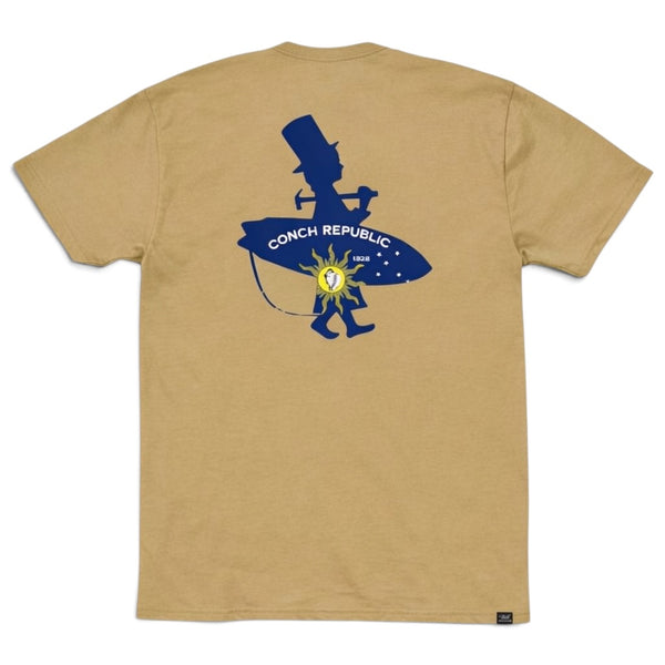 Men's Conch Republic Tee in Hazelnut — back flat lay, navy Conch Republic logo graphic | Lost Boy Creations Key West