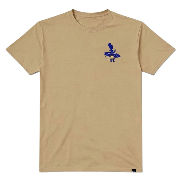 Men's Conch Republic Tee in Hazelnut — front flat lay, navy Conch Republic logo on chest | Lost Boy Creations Key West
