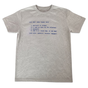 Kid's Definition Tee in Heather Grey — front flat lay, Lost Boy dictionary definition graphic | Lost Boy Creations Key West