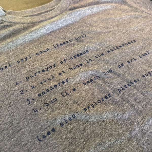 Kid's Definition Tee heather grey close-up detail of Lost Boy dictionary definition graphic with typewriter font | Lost Boy Creations Key West