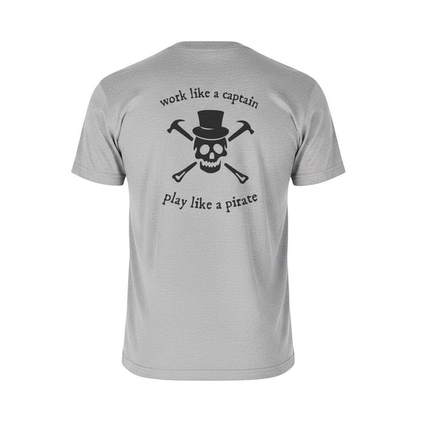 Men's Pirate Tee 2.0 in Heather Gray — back flat lay, Jolly Roger graphic with "Work Like a Captain, Play Like a Pirate" text | Lost Boy Creations Key West