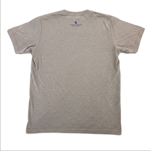 Back view of a heather grey Lost Boy Creations Kid's Definition Tee with a small logo printed on the upper back.