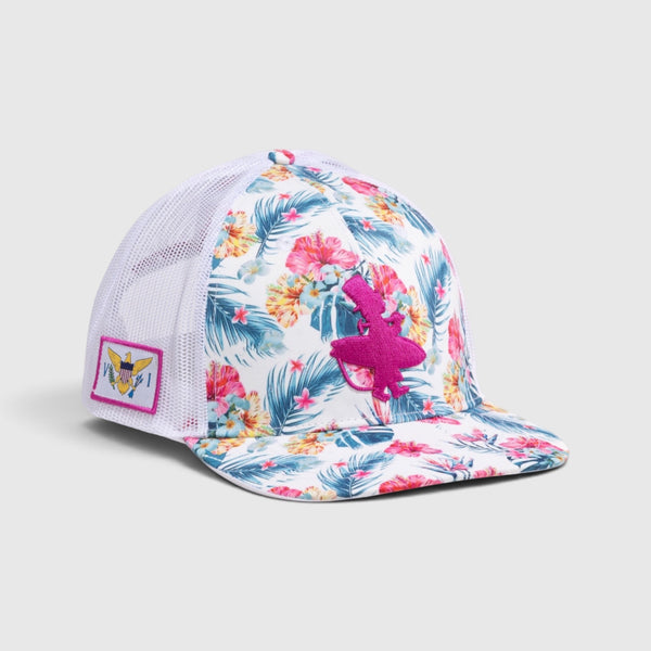 Lost Boy Creations Hokulea snapback hat with Hawaiian floral print, white mesh back, and pink embroidered logo.