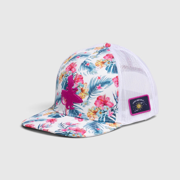 Lost Boy Creations Hokulea snapback hat featuring a vibrant Hawaiian floral print, white mesh back, and pink logo.